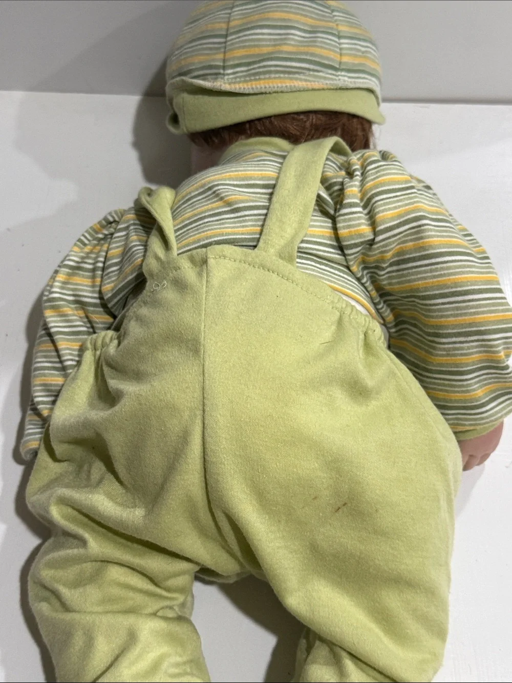 Green Frog Infant Doll Outfit — Striped Onesie & Hat